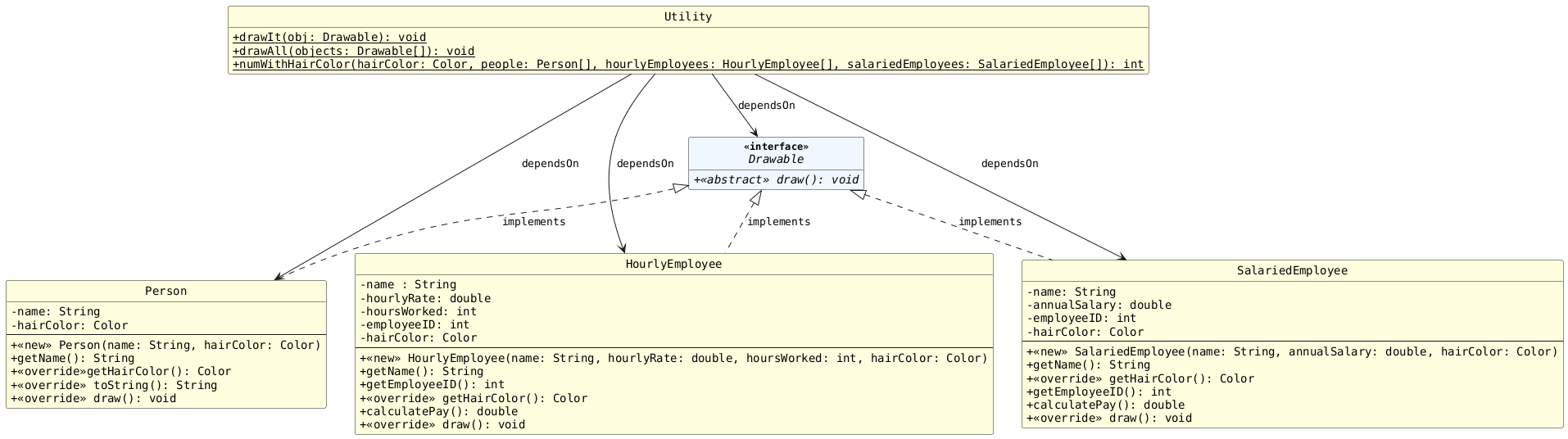 !includesub lesson7.common.puml!STYLE
!includesub lesson7.common.puml!PERSON_2
!includesub lesson7.common.puml!INTERFACE
!includesub lesson7.common.puml!SALARIEDEMPLOYEE_GETTABLE
!includesub lesson7.common.puml!HOURLYEMPLOYEE_GETTABLE
!includesub lesson7.common.puml!UTILITY_2

Drawable <|.. Person : "implements"
Drawable <|.. HourlyEmployee : "implements"
Drawable <|.. SalariedEmployee : "implements"

Utility -down-> Drawable : "dependsOn"
Utility -down-> Person : "dependsOn"
Utility -down-> HourlyEmployee : "dependsOn"
Utility -down-> SalariedEmployee : "dependsOn"