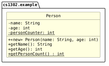 hide circle
hide empty members
set namespaceSeparator none
skinparam classAttributeIconSize 0
skinparam genericDisplay old
skinparam defaultFontName monospaced
skinparam defaultFontStyle bold
skinparam class {
    BackgroundColor LightYellow
    BackgroundColor<<interface>> AliceBlue
}
package cs1302.example {
  class Person {
    - name: String
    - age: int
    - {static} personCounter: int
    + <<new>> Person(name: String, age: int)
    + getName(): String
    + getAge(): int
    + {static} getPersonCount() : int
  }
}
