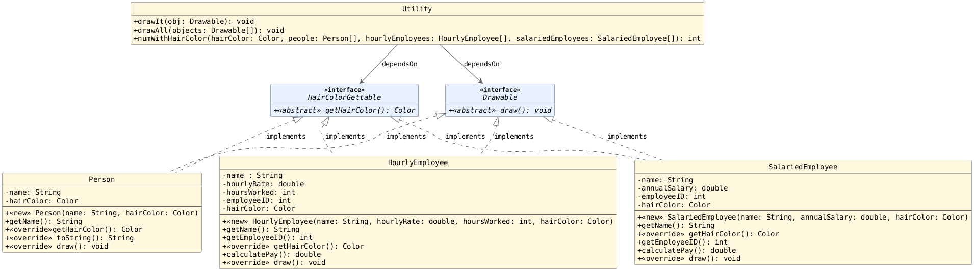 hide circle
hide empty members
set namespaceSeparator none
skinparam classAttributeIconSize 0
skinparam genericDisplay old
skinparam defaultFontName monospaced
skinparam defaultFontStyle bold
!includesub lesson7.common.puml!PERSON_2
!includesub lesson7.common.puml!INTERFACE
!includesub lesson7.common.puml!HAIR_COLOR_GETTABLE
!includesub lesson7.common.puml!SALARIEDEMPLOYEE_GETTABLE
!includesub lesson7.common.puml!HOURLYEMPLOYEE_GETTABLE
!includesub lesson7.common.puml!UTILITY_2

Drawable <|.. Person : "implements"
Drawable <|.. HourlyEmployee : "implements"
Drawable <|.. SalariedEmployee : "implements"

HairColorGettable <|.. Person : "implements"
HairColorGettable <|.. HourlyEmployee : "implements"
HairColorGettable <|.. SalariedEmployee : "implements"

Utility -down-> Drawable : "dependsOn"
Utility -down-> HairColorGettable : "dependsOn"