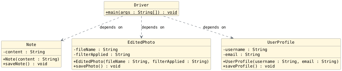 hide circle
hide empty members
set namespaceSeparator none
skinparam classAttributeIconSize 0
skinparam genericDisplay old
skinparam defaultFontName monospaced
skinparam defaultFontStyle bold
class Note {
  - content : String
  + Note(content : String)
  + saveNote() : void
}

class EditedPhoto {
  - fileName : String
  - filterApplied : String
  + EditedPhoto(fileName : String, filterApplied : String)
  + savePhoto() : void
}

class UserProfile {
  - username : String
  - email : String
  + UserProfile(username : String, email : String)
  + saveProfile() : void
}

class Driver {
  + main(args : String[]) : {static} void
}

' Dependency arrows (dependsOn)
Driver ..> Note : depends on
Driver ..> EditedPhoto : depends on
Driver ..> UserProfile : depends on