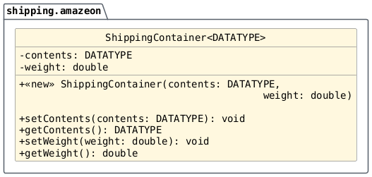 hide circle
hide empty members
set namespaceSeparator none
skinparam classAttributeIconSize 0
skinparam genericDisplay old
skinparam defaultFontName monospaced
skinparam defaultFontStyle bold
package "shipping.amazeon" {

   class ShippingContainer <DATATYPE> {
       -contents: DATATYPE
       -weight: double
       +<<new>> ShippingContainer(contents: DATATYPE,
       \t\t\t\t\t weight: double)

       +setContents(contents: DATATYPE): void
       +getContents(): DATATYPE
       +setWeight(weight: double): void
       +getWeight(): double
   }
}