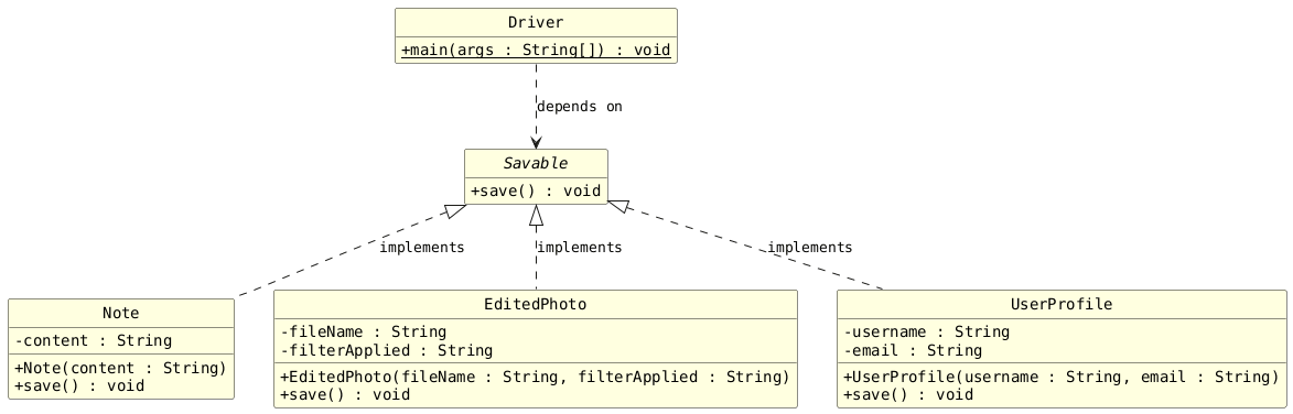 hide circle
hide empty members
set namespaceSeparator none
skinparam classAttributeIconSize 0
skinparam classAttributeIconSize 0
skinparam genericDisplay old
skinparam defaultFontName monospaced
skinparam class {
    BackgroundColor LightYellow
    BackgroundColor<<interface>> AliceBlue
}

interface Savable {
  + save() : void
}

class Note {
  - content : String
  + Note(content : String)
  + save() : void
}

class EditedPhoto {
  - fileName : String
  - filterApplied : String
  + EditedPhoto(fileName : String, filterApplied : String)
  + save() : void
}

class UserProfile {
  - username : String
  - email : String
  + UserProfile(username : String, email : String)
  + save() : void
}

class Driver {
  + main(args : String[]) : {static} void
}

' Implementation (Realization)
Savable <|.. Note : implements
Savable <|.. EditedPhoto : implements
Savable <|.. UserProfile : implements

' Dependency
Driver ..> Savable : depends on