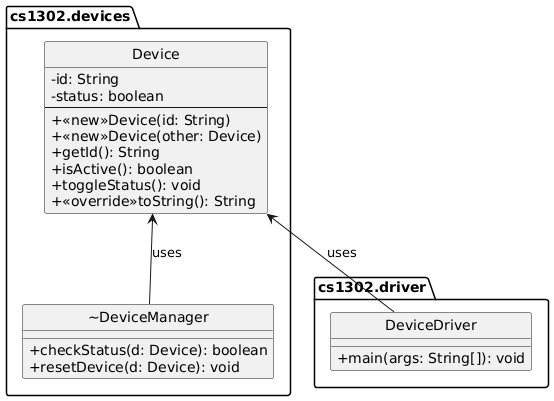 hide circle
set namespaceSeparator none
skinparam classAttributeIconSize 0

package cs1302.devices {
   class Device {
       -id: String
       -status: boolean
       --
       +<<new>>Device(id: String)
       +<<new>>Device(other: Device)
       + getId(): String
       + isActive(): boolean
       +toggleStatus(): void
       +<<override>>toString(): String
   }
   class "~DeviceManager" as DeviceManager {
       +checkStatus(d: Device): boolean
       +resetDevice(d: Device): void
   }
}

package cs1302.driver {
   class DeviceDriver {
       +main(args: String[]): void
   }
}

DeviceDriver -up-> Device: uses
DeviceManager -up-> Device: uses