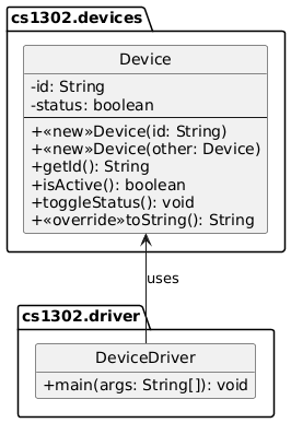 hide circle
set namespaceSeparator none
skinparam classAttributeIconSize 0

package cs1302.devices {
   class Device {
       -id: String
       -status: boolean
       --
       +<<new>>Device(id: String)
       +<<new>>Device(other: Device)
       + getId(): String
       + isActive(): boolean
       +toggleStatus(): void
       +<<override>>toString(): String
   }
}

package cs1302.driver {
   DeviceDriver -up-> Device: uses

   class DeviceDriver {
       +main(args: String[]): void
   }

   hide DeviceDriver fields
}